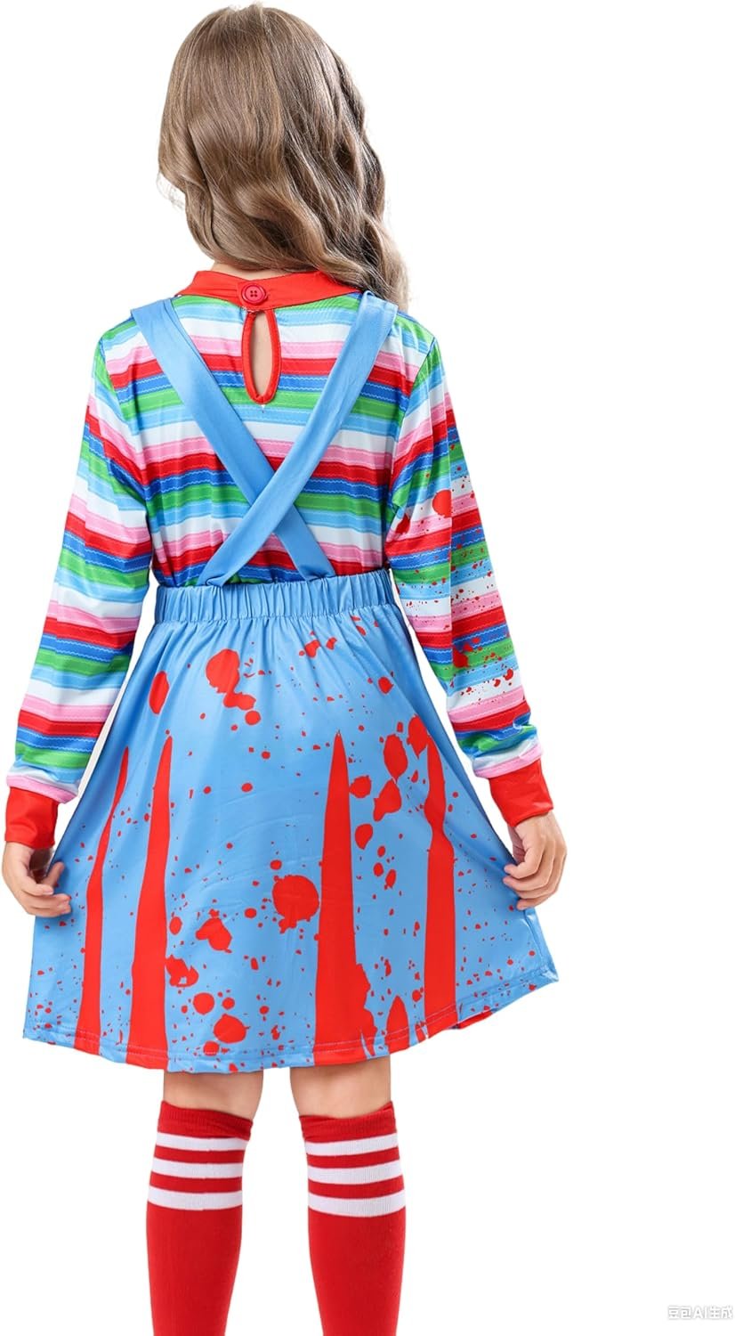 Girls Horror Movie Doll Costume, Light Blue Red Splatter Overall Dress with Striped Top Knee High Socks 4-12 Years - Image 7