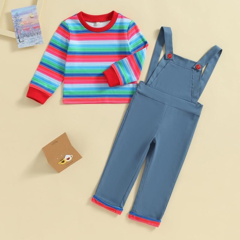 Toddler Kids Baby Boy Girl Halloween Chucky Doll Costume Long Sleeve Striped Tops Suspender Pants Cosplay Outfit Set - Image 2