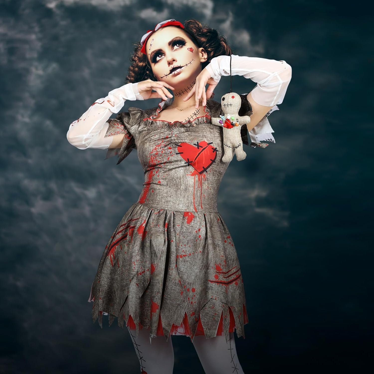 Libima Voodoo Costume Women Creepy Doll Cosplay Dress Set Silk Stockings Gloves Scar Tattoos Sticker Bow Headpiece - Image 3