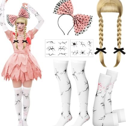 6Pcs Pink Creepy Doll Halloween Costume Accessory with Blonde Creepy Doll Braided Wig Huge Pink Bow Headband Thigh High Socks Arm Sleeve Crack Temporary Tattoo for Halloween Costume Cosplay