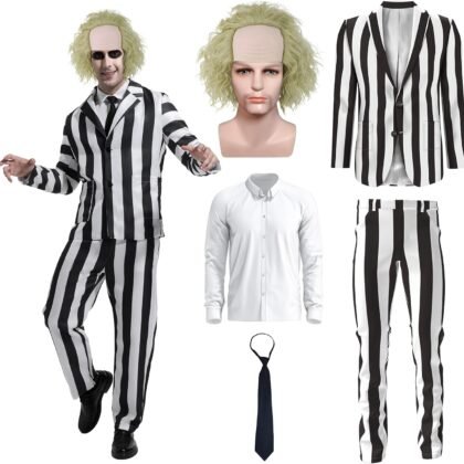 5 Pcs Men Black and White Striped Suit Scary Halloween Costumes Adults with Costume Wig Tie Shirt for Cosplay Party (Large)