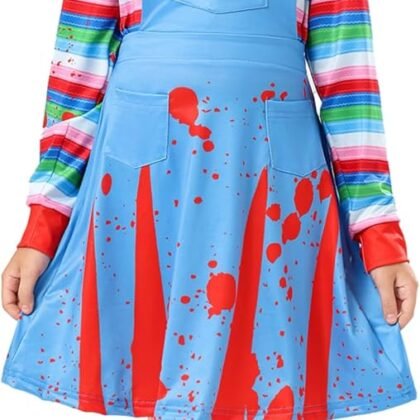 Girls Horror Movie Doll Costume, Light Blue Red Splatter Overall Dress with Striped Top Knee High Socks 4-12 Years
