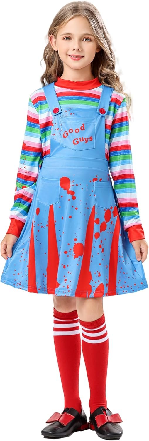 Girls Horror Movie Doll Costume, Light Blue Red Splatter Overall Dress with Striped Top Knee High Socks 4-12 Years