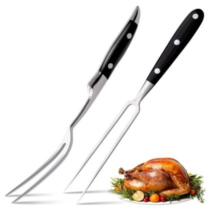 Carving Fork for Meat Set of 2 – Stainless Steel 12" Meat Forks for Kitchen with Heat-Resistant Non-Slip Handles – Two-Prong (Straight & Curved) BBQ Fork for Slicing, Grilling & Serving Turkey & Beef