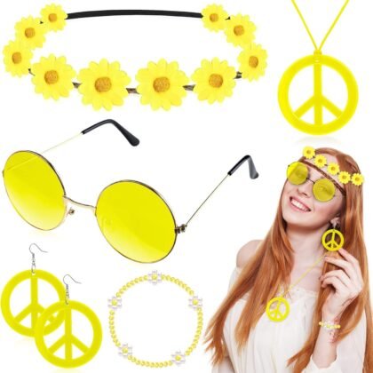 Batiyeer 6 Pcs Hippie Costume Accessories Set, Boho Peace Sign Daisy Flower 60s 70s Party Favors Decor for Groovy Party Women(Yellow)