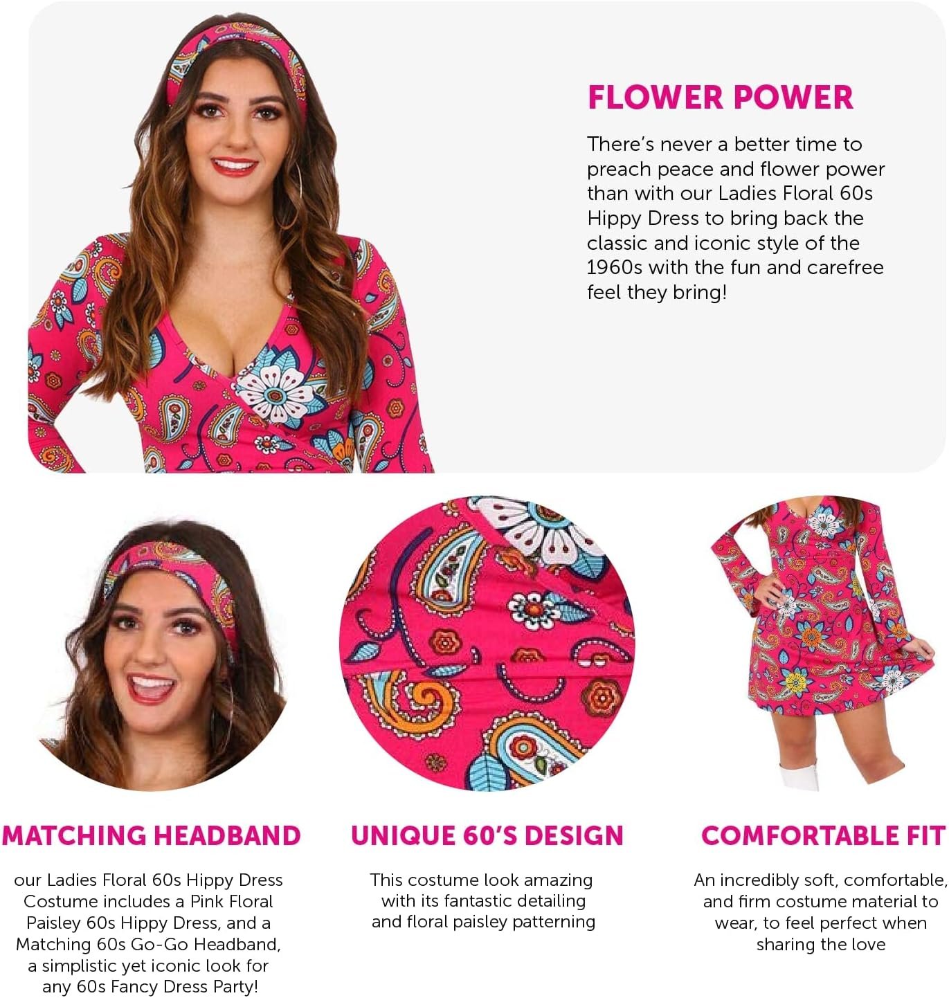 Ladies Hippy Costume 60s/70s Pink Dress + Headband - Image 3