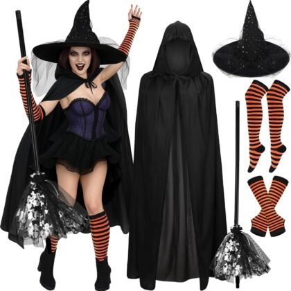 5 Pcs Halloween Witch Costume Witches Hats Cape and Broom Kit Hooded Cloak Cape Wizard Hat Accessory Kit for Women