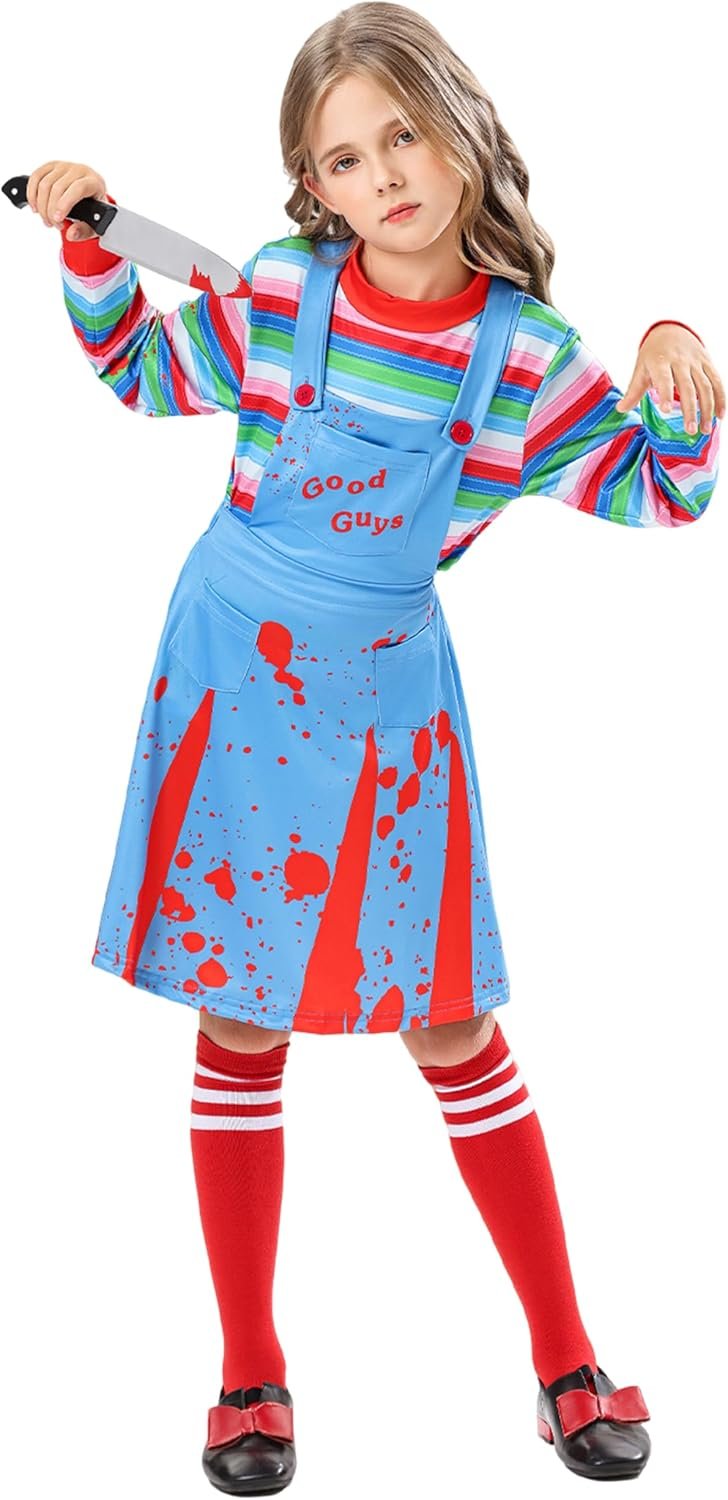 Girls Horror Movie Doll Costume, Light Blue Red Splatter Overall Dress with Striped Top Knee High Socks 4-12 Years - Image 4