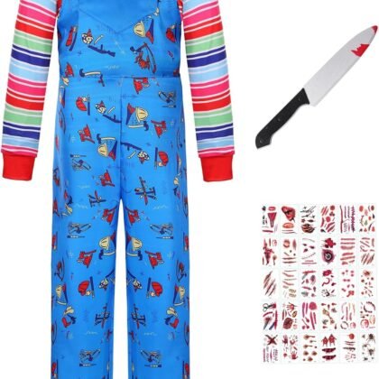 Kids Scary Movie Nightmare Doll Killer Cosplay Halloween Costumes Blue Cartoon Jumpsuit Striped Shirt with Accessories Knife Prop Scar Tattoo Stickers DY005-XXL
