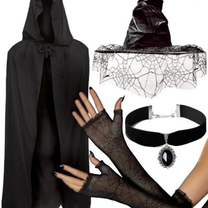 OLYPHAN Witch Costume for Women Halloween with Witch Hat Black Hooded Cloak Cape Spider Lace Gloves and Antique Like Pendant Choker Black Witch 4PC Accessories Set
