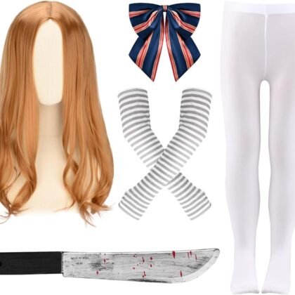 5 Pcs Halloween Horror Movie Costume Bow Tie Socks Arm Sleeves Wig Knife Halloween Horror Party Cosplay Set for Halloween Party Cosplay Dress up Multicolor