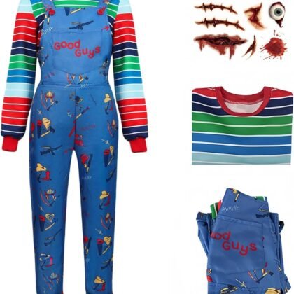 Volrath 3 Piece Halloween Nightmare Killer Doll Cosplay Costumes Scary Rainbow Stripe Shirt with Blue Jumpsuit Outfit Sets