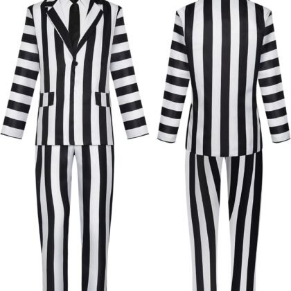 Black and White Striped Suit Men Halloween Spooky Movie Costumes Horror Comedy Cosplay Jacket Pants Set