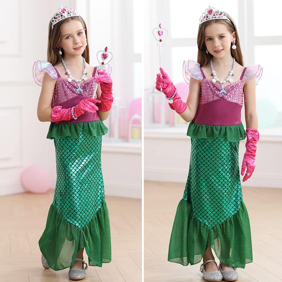 Little Girls Mermaid Costume Princess Dress Up Ariel Outfits with Accessories Wig Birthday Party Halloween Cosplay, Green, 2-3 Years(Tag 100) - Image 3