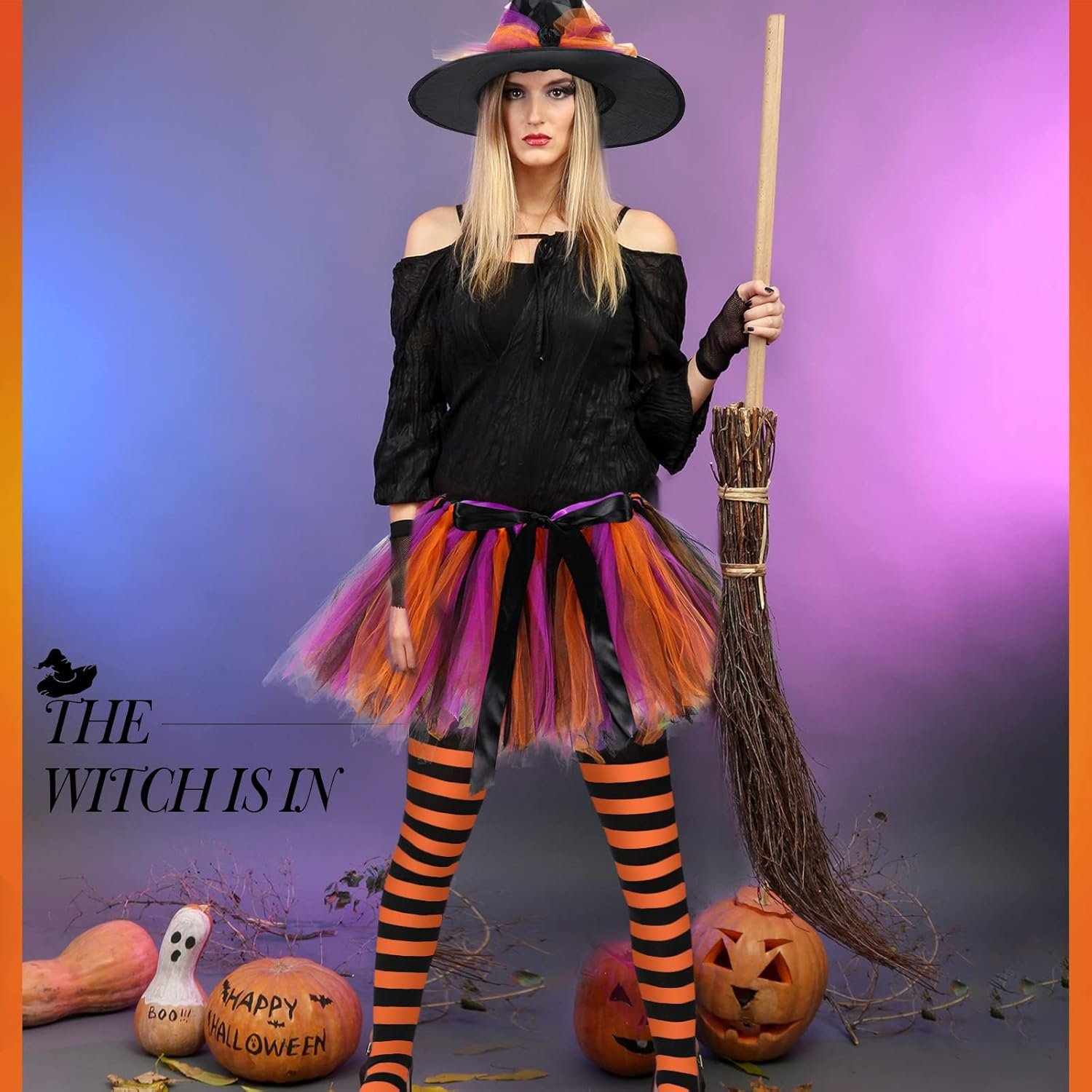 SATINIOR Halloween Witch Costume for Women 2025 Halloween Witch Hat Tutu Skirt and Striped Tights for Cosplay Party(Orange Black) - Image 6