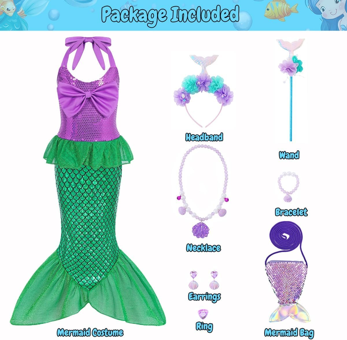 Little Girls Mermaid Costume Kid Princess Ariel Cosplay Dress Outfit Halloween Costume with Accessories Birthday Party - Image 2