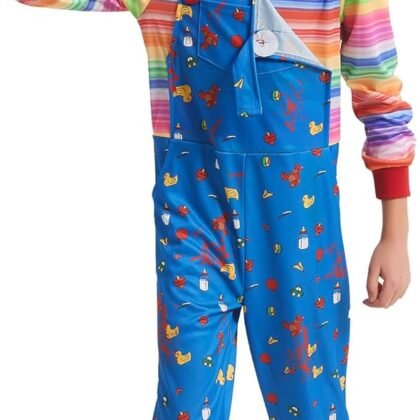 Kids Scary Doll Costume Set Horror Killer Toy Outfit with Striped Jumpsuit Wig Prop Knife for Halloween Cosplay Party