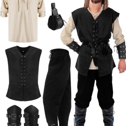 Suhine 6 Pcs Men's Halloween Renaissance Costume Set Medieval Vest Shirt Ankle Banded Pants Viking Belt Armband Pouch