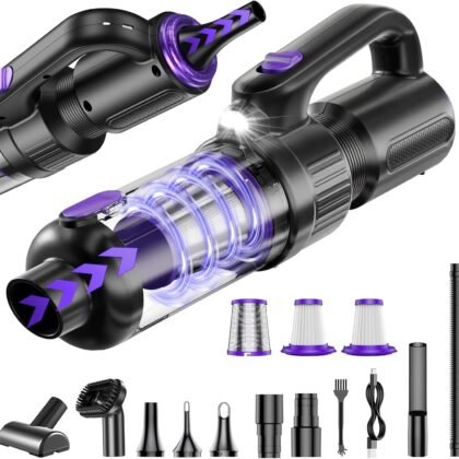 Car Vacuum Portable Cordless, 20000Pa Mini Vacuum Cleaner & Air Duster, 130W Brushless Motor Handheld Vacuum Cordless with LED Light, 7800mAh Battery, Multi-Nozzles for Car, Office, Home, Pet