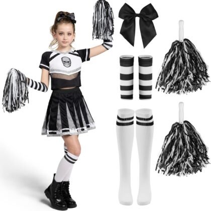 Spooktacular Creations Halloween Cheerleader Costume Girls, Bad Spirit Costume for Kids, Skull Scary Outfit with Accessories