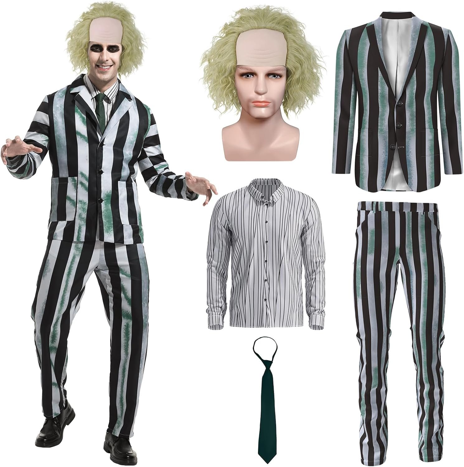 Adult Men Costume Black and White Striped Suit with Wig for Halloween Cosplay Party Outfit Horror Movie Character