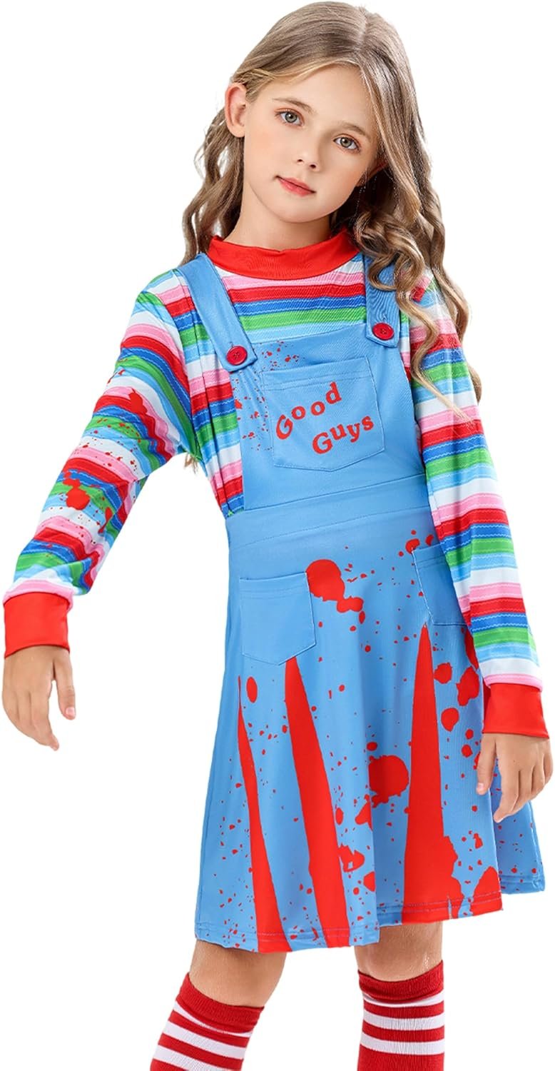 Girls Horror Movie Doll Costume, Light Blue Red Splatter Overall Dress with Striped Top Knee High Socks 4-12 Years - Image 5