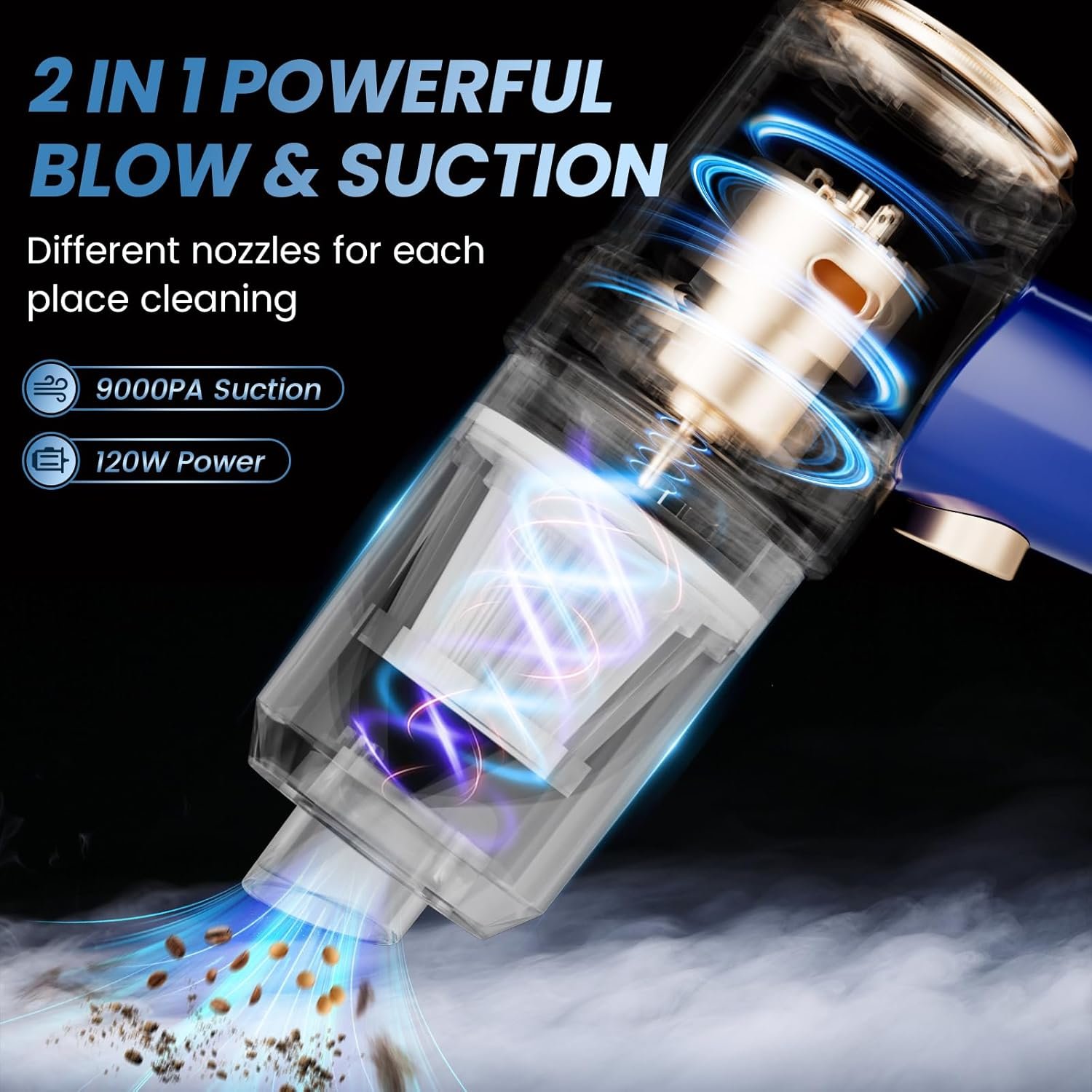 Nyo Handheld Car Vacuum Cleaner, 9000Pa Handheld Vacuum Cleaner & Air Duster, 120W High-Power Wet and Dry Portable Vacuum with Brushless Motor, Multi-Nozzles for Car, Home, Office, Pet (Blue) - Image 2