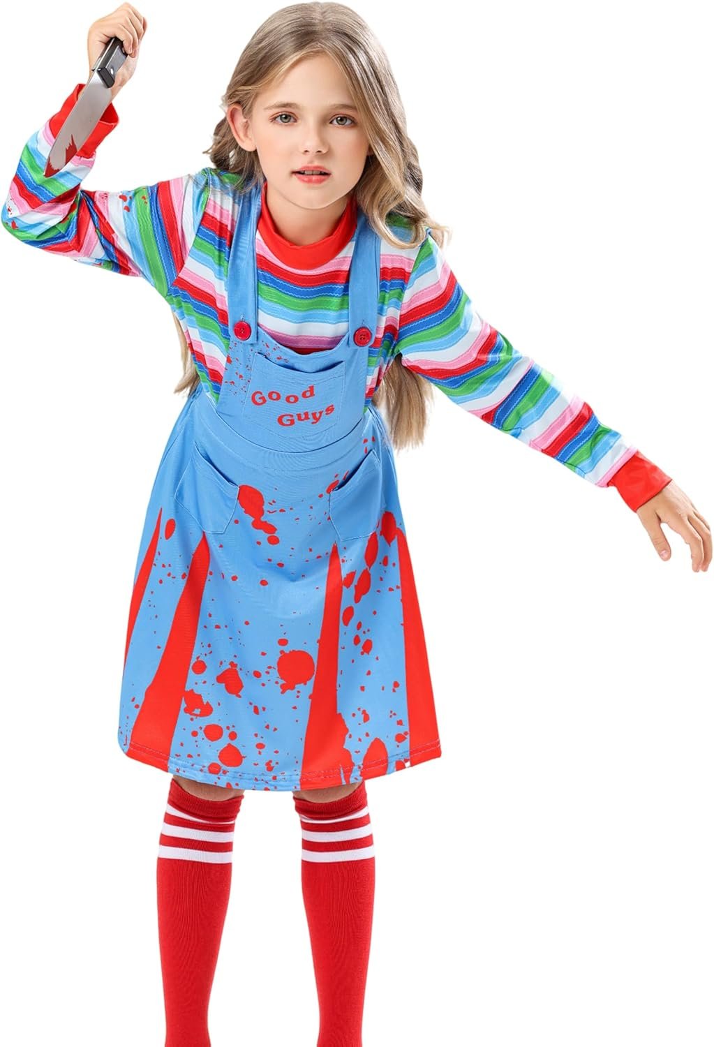 Girls Horror Movie Doll Costume, Light Blue Red Splatter Overall Dress with Striped Top Knee High Socks 4-12 Years - Image 3