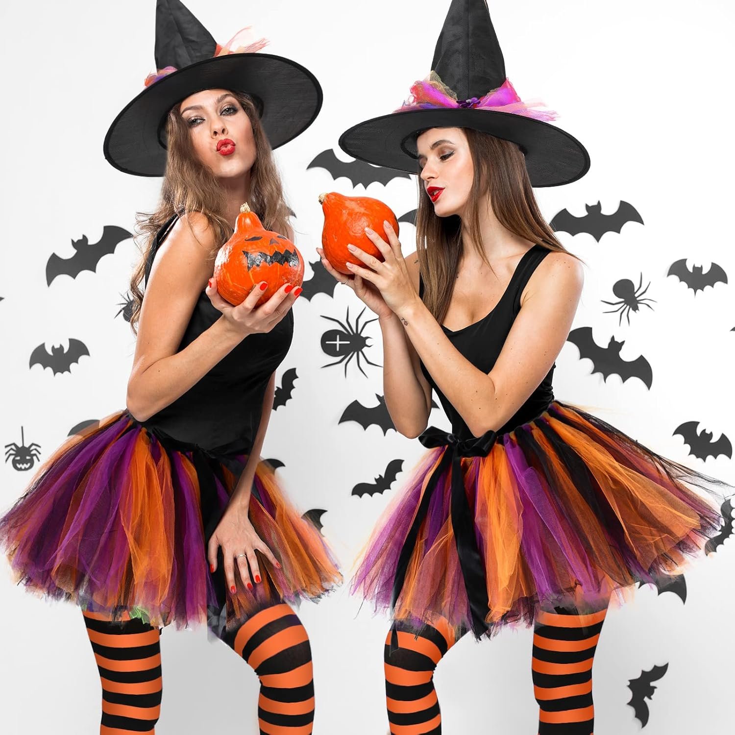 SATINIOR Halloween Witch Costume for Women 2025 Halloween Witch Hat Tutu Skirt and Striped Tights for Cosplay Party(Orange Black) - Image 2
