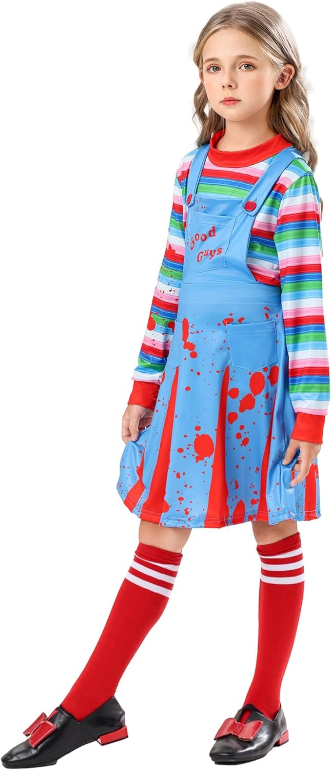 Girls Horror Movie Doll Costume, Light Blue Red Splatter Overall Dress with Striped Top Knee High Socks 4-12 Years - Image 6