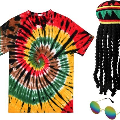 Boyiee Rasta Costumes Hat with Dreadlock, 3 Pcs Set, Reggae Hat, T-Shirt, Sunglasses, Reggae Costume Accessories