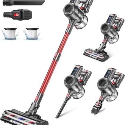 Cordless Vacuum Cleaner, 45Kpa Powerful Stick Vacuum with 50Mins Runtime, LED Display Vacuum with Rechargeable Battery, Vacuum Cleaners for Home for Hardwood Floor Carpet, Pet Hair