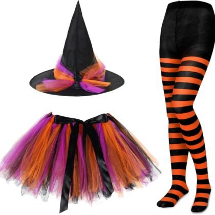 SATINIOR Halloween Witch Costume for Women 2025 Halloween Witch Hat Tutu Skirt and Striped Tights for Cosplay Party(Orange Black)
