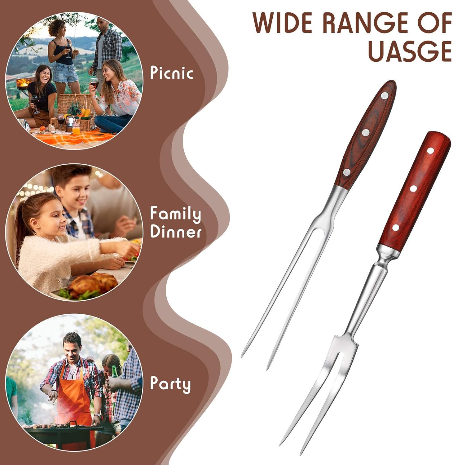 Patelai 2 Pcs Carving Meat Forks 12 in and 14 in Kitchen Stainless Steel Serving Grilling Beef Forks with Wooden Handle Xmas Large Cooking Forged Set for Home Family Party Roast BBQ Tools - Image 7