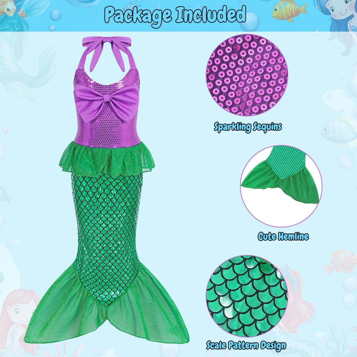 Little Girls Mermaid Costume Kid Princess Ariel Cosplay Dress Outfit Halloween Costume with Accessories Birthday Party - Image 3
