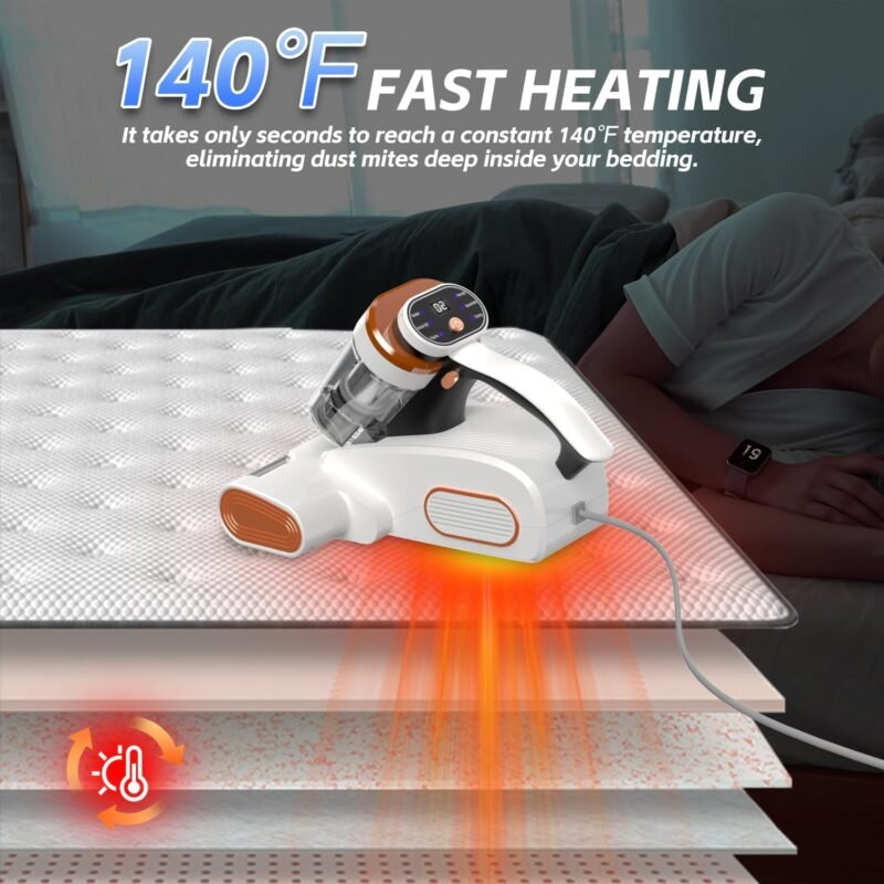 Bed Vacuum Cleaner Mattress VacuumCleaner, 8.5Kpa Powerful Handheld Vacuums with UV-C Light, 400W Powerful Mattress Vacuum with Heating and Ultrasonic Technology, for Dust & Pet Hair Removal - Corded - Image 4