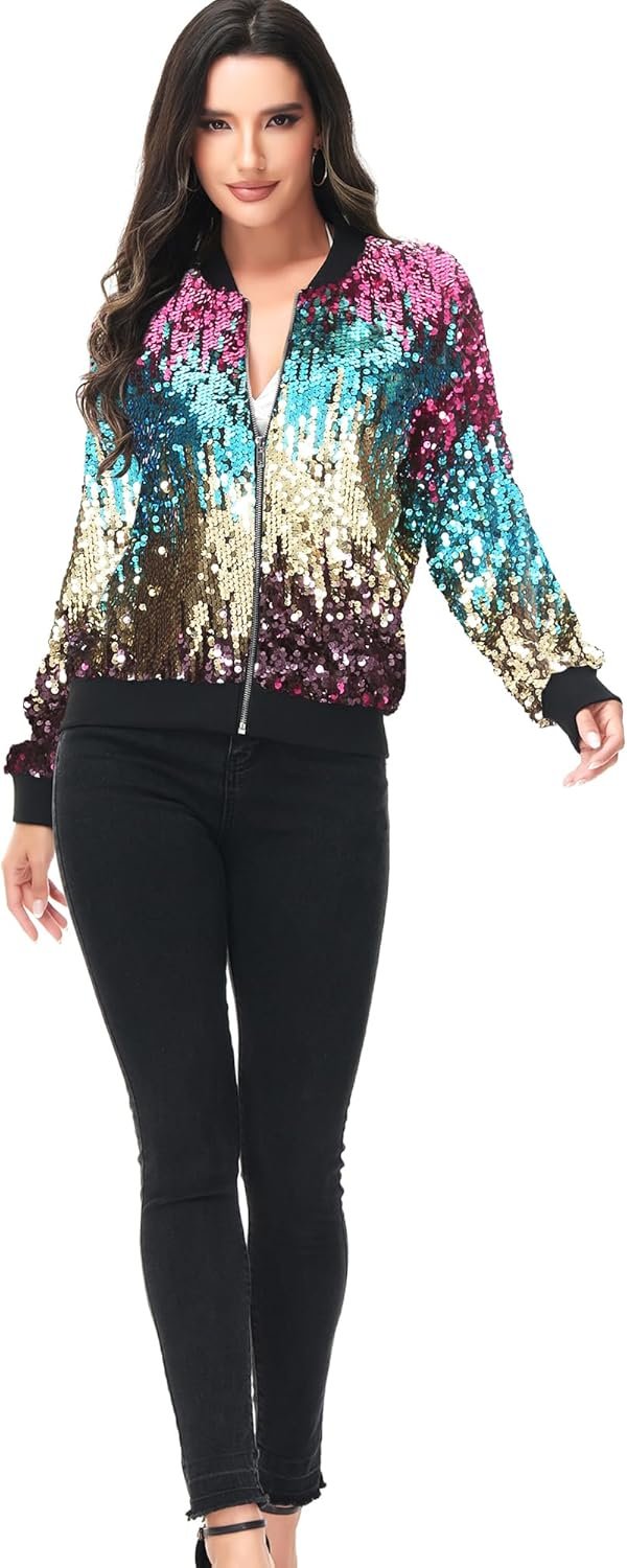 Anna-Kaci Womens Sequin Jacket Bomber Coat 1989 Slitter Outfit For Concert Party - Image 4