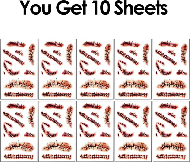 10 PCS Scar Tattoos 16 Inch Large Halloween Fake Knife Prop with Fake Blood for Chucky Costume Plastic Halloween Prop Knife for Costume Accessories Horror Cosplay - Image 4