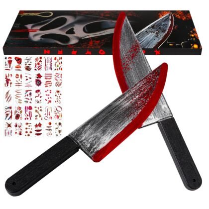 2Pcs Fake Chucky Knife with 30pcs Tattoo Stickers,Halloween Bloody Ghostface Props Toy Knife Set Horror Movie Scream Props Knife Scary for Halloween Costume Cosplay Accessories and Makeup Parties