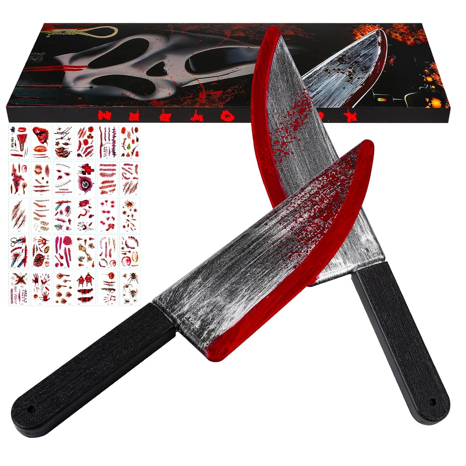 2Pcs Fake Chucky Knife with 30pcs Tattoo Stickers,Halloween Bloody Ghostface Props Toy Knife Set Horror Movie Scream Props Knife Scary for Halloween Costume Cosplay Accessories and Makeup Parties