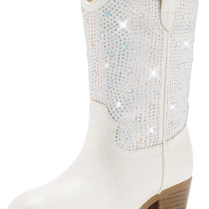 Rhinestone Sparkly Girls Cowgirl Cowboy Boots Little Kids Dress Boot Pointed Toes Low Heel Mid Calf Zipper Party Birthday Toddler to Big Kid