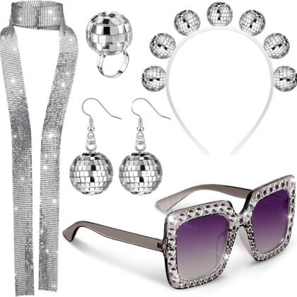 Tudomro 5 Pcs 1970s Disco Accessories Women Costume Set Disco Ball Earrings Headband Ring and Sunglasses and Other Accessories