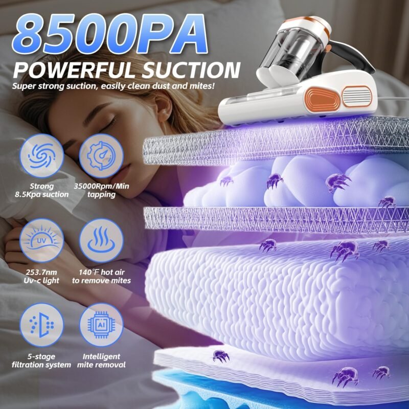 Bed Vacuum Cleaner Mattress VacuumCleaner, 8.5Kpa Powerful Handheld Vacuums with UV-C Light, 400W Powerful Mattress Vacuum with Heating and Ultrasonic Technology, for Dust & Pet Hair Removal - Corded - Image 2