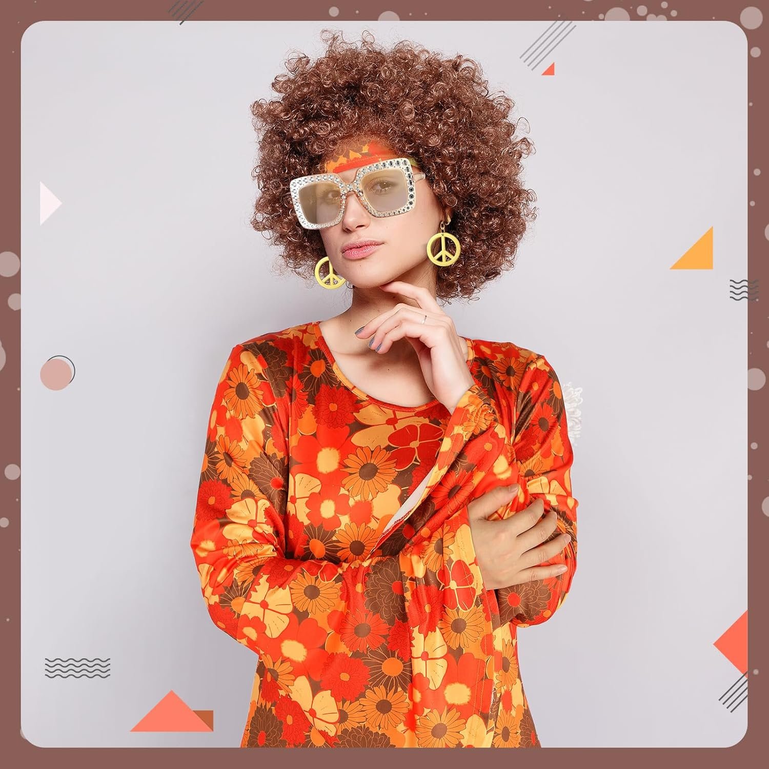 Shihanee 7 Pcs Women 70s Hippie Costume Accessories Disco Outfits Earring Necklace Headband Wig Glasses - Image 4