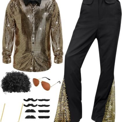 6 Pcs Mens 70s Disco Outfits Retro Halloween Couples Costume with Bell Bottom Pants