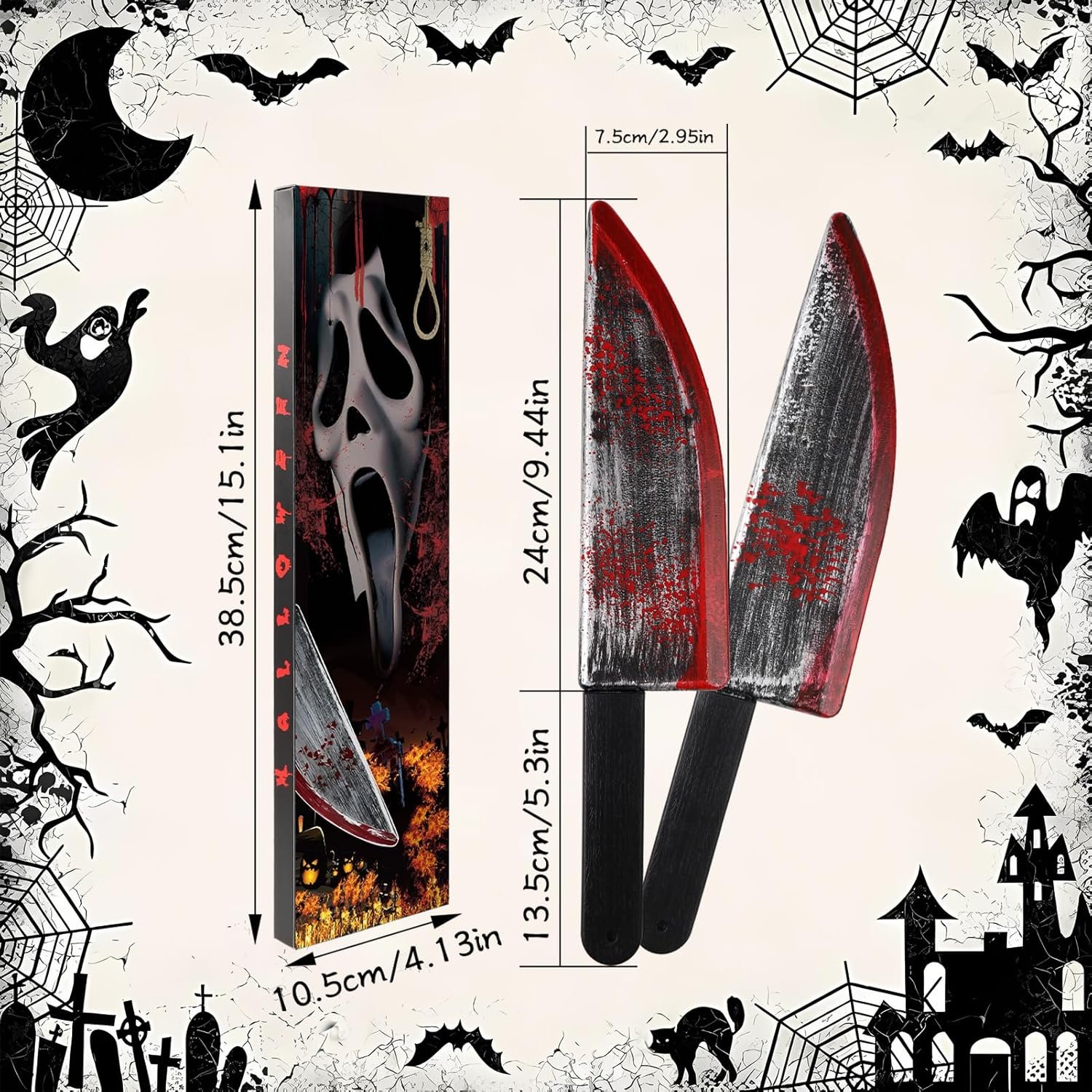 2Pcs Fake Chucky Knife with 30pcs Tattoo Stickers,Halloween Bloody Ghostface Props Toy Knife Set Horror Movie Scream Props Knife Scary for Halloween Costume Cosplay Accessories and Makeup Parties - Image 2