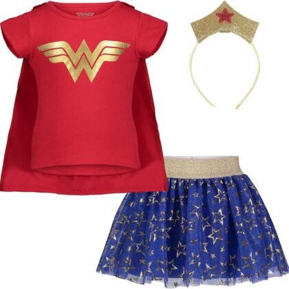 DC Comics Justice League Wonder Woman Girls Costume T-Shirt Tulle Skirt Headband and Cape 4 Piece Set Toddler to Big Kid