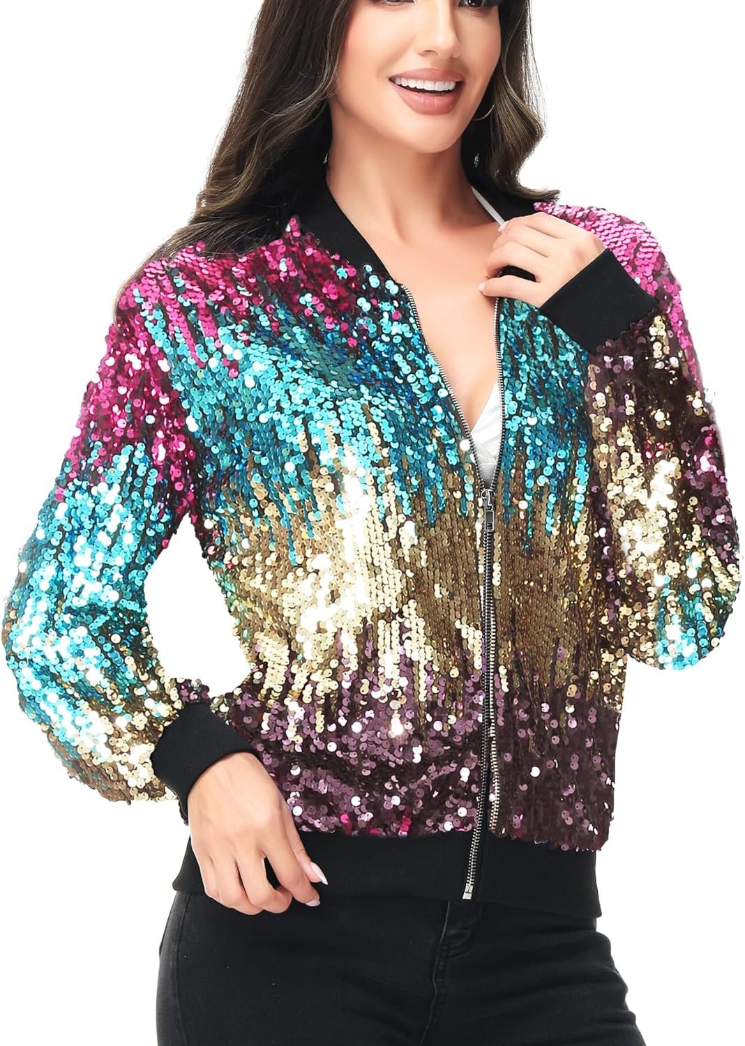 Anna-Kaci Womens Sequin Jacket Bomber Coat 1989 Slitter Outfit For Concert Party - Image 2