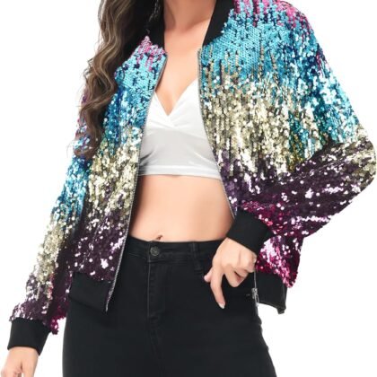 Anna-Kaci Womens Sequin Jacket Bomber Coat 1989 Slitter Outfit For Concert Party