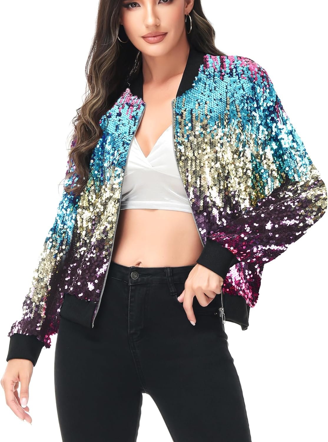 Anna-Kaci Womens Sequin Jacket Bomber Coat 1989 Slitter Outfit For Concert Party
